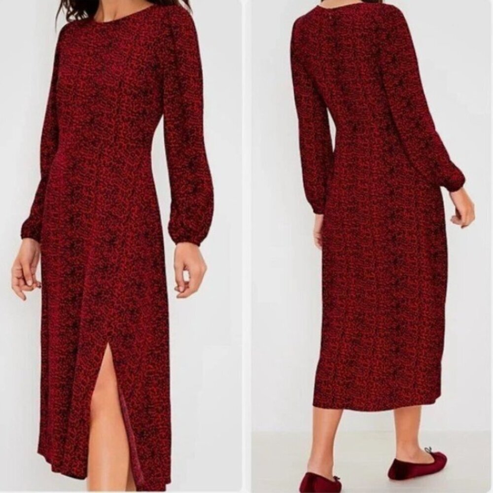 LOFT Midi Dress 2 Red and Black Leopard Animal Print Slit Dress - Picture 1 of 12